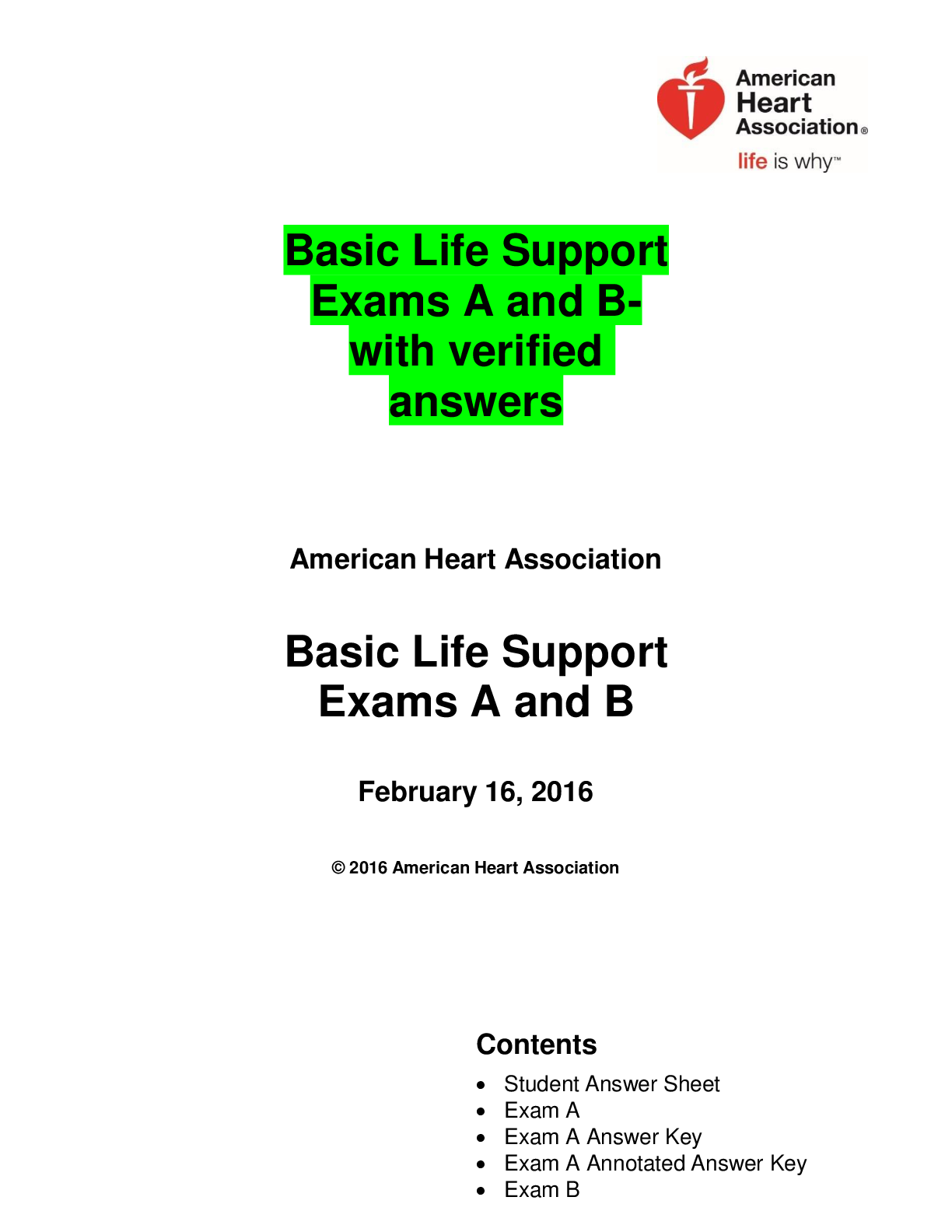 Preview of Basic Life Support Exams A and B-with verified answers